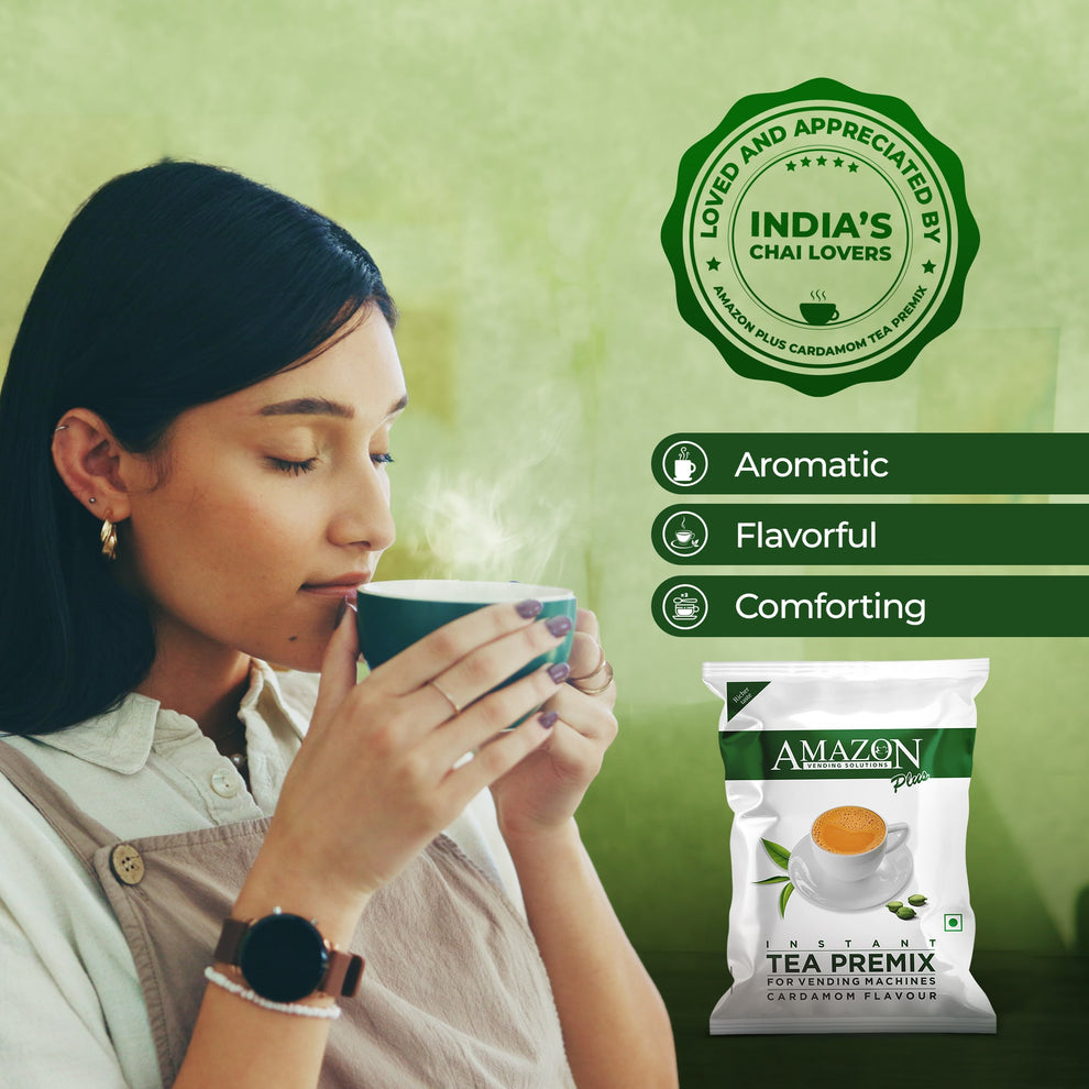 Woman enjoying a cup of aromatic instant tea powder for vending machines from Tea Coffee Vending Service