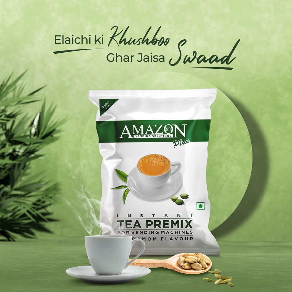 Amazon Plus cardamom flavour instant tea powder for vending machines with steaming cup and cardamom pods