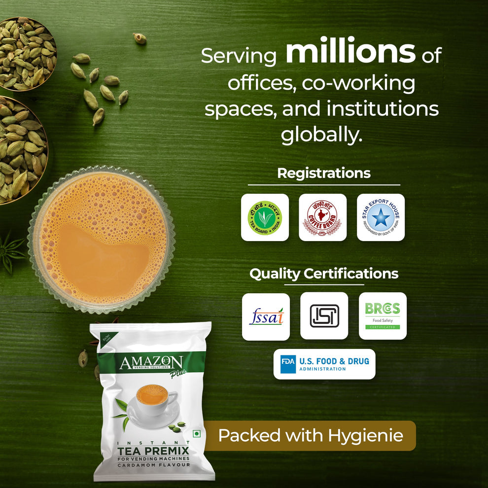 Instant tea powder for vending machines Amazon Plus cardamom flavour pack with tea cup and cardamom seeds on green background