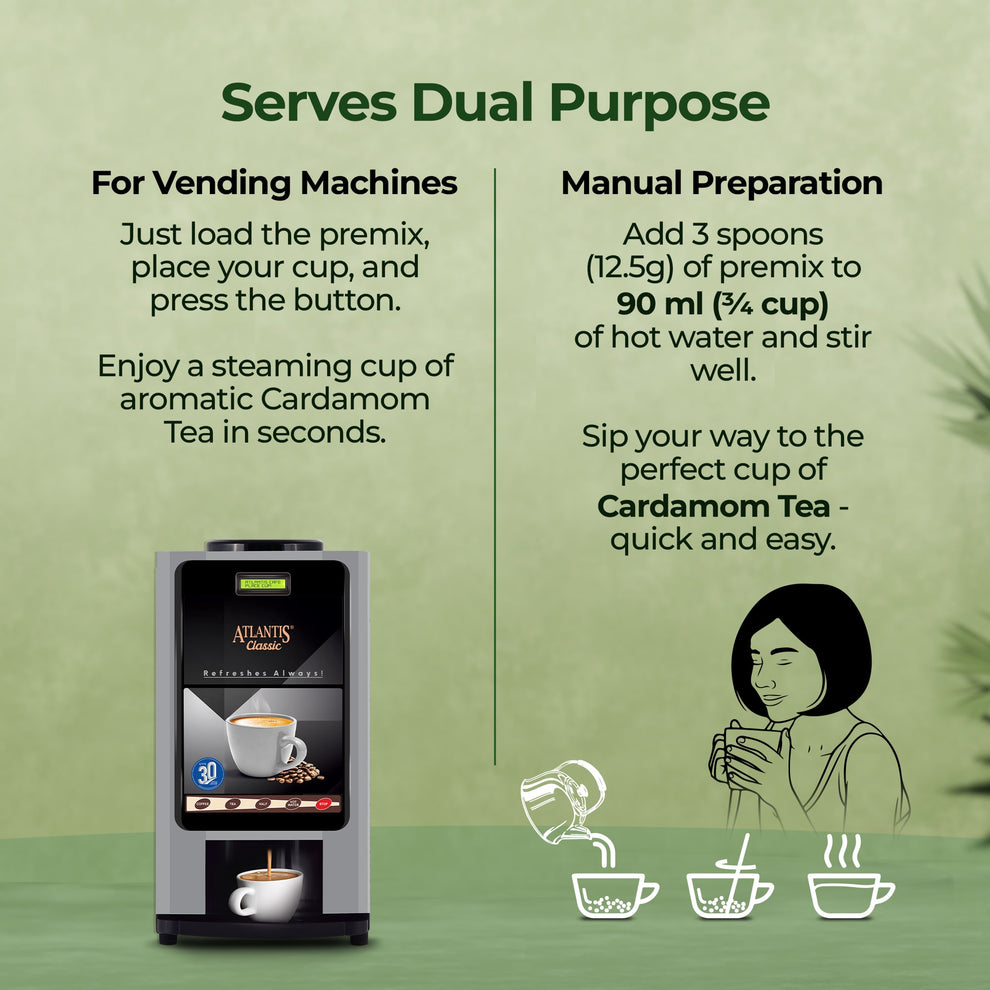 Instant tea powder for vending machines with instructions for machine and manual cardamom tea preparation