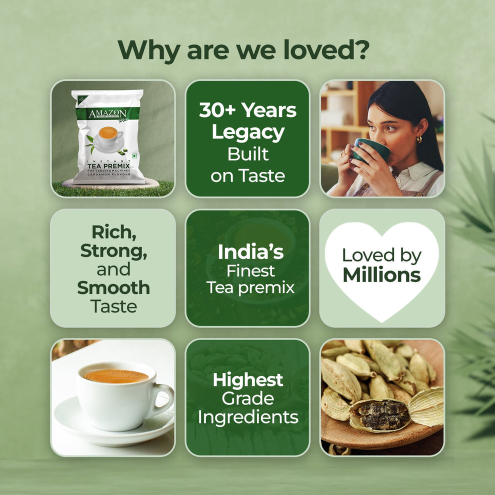 Instant tea powder for vending machines packaging with tea cup and cardamom pods highlighting rich strong smooth taste