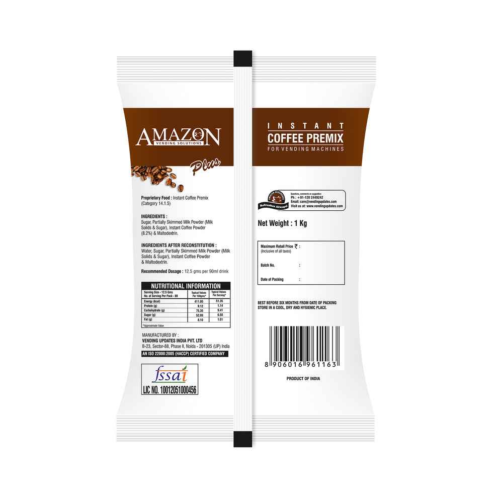 Amazon Plus coffee premix 1kg pack with brown and white packaging for vending machines
