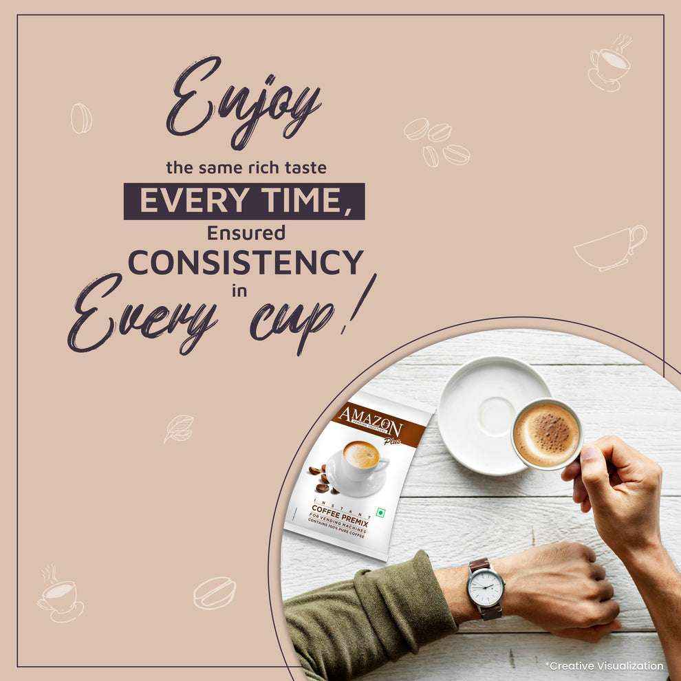 Amazon Plus coffee premix 1kg packet with a cup of coffee on wooden table showcasing rich taste and consistency