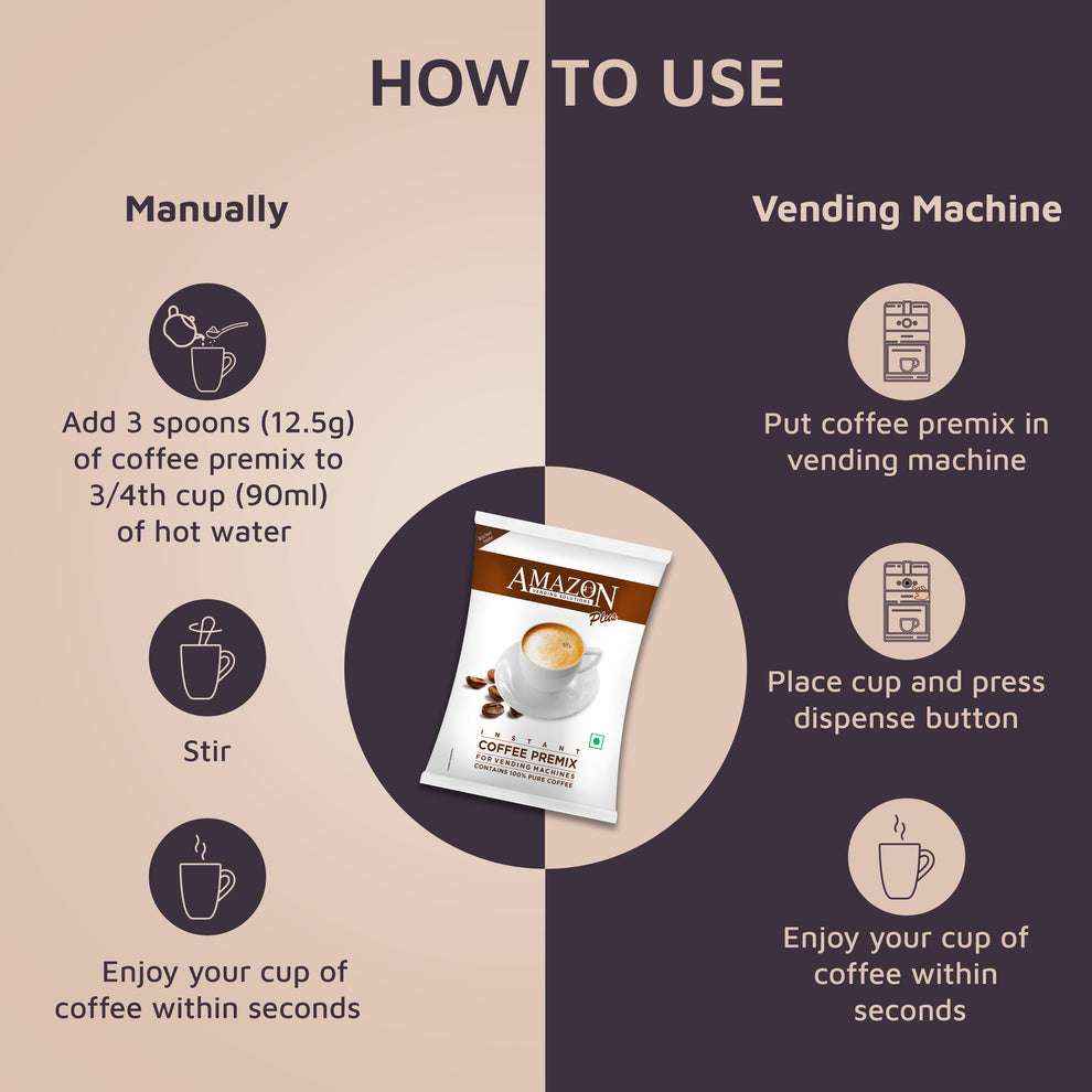 Amazon Plus coffee premix 1kg package with instructions for manual and vending machine use