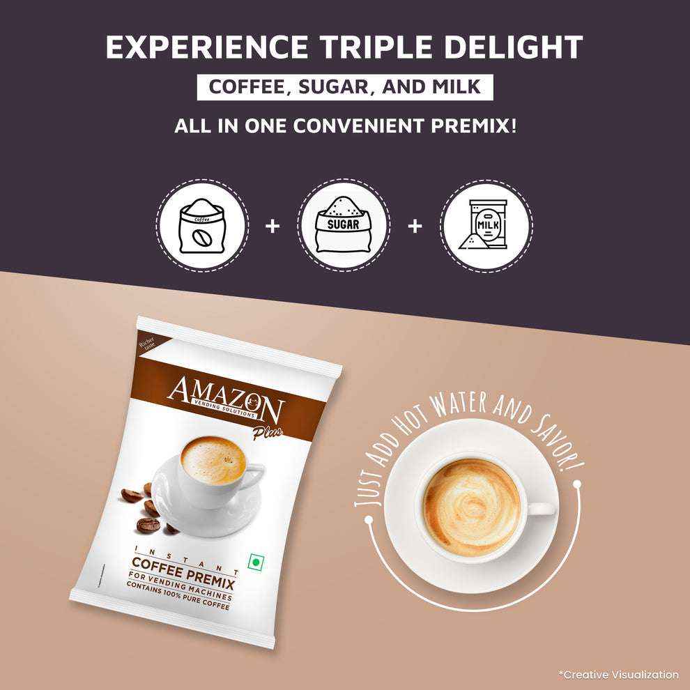 Amazon Plus coffee premix 1kg pouch with coffee cup showing creamy coffee ready to serve
