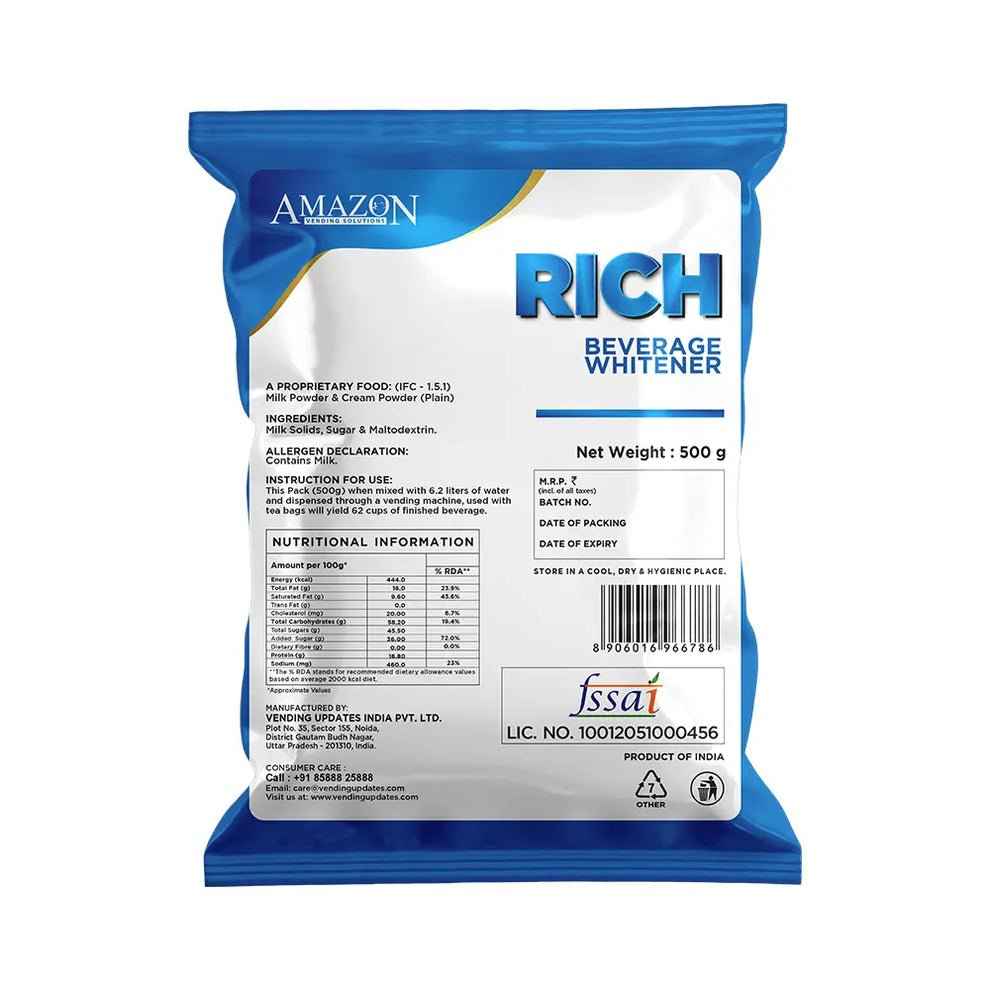 AMAZON RICH beverage whitener 500g pack with nutritional information and usage instructions