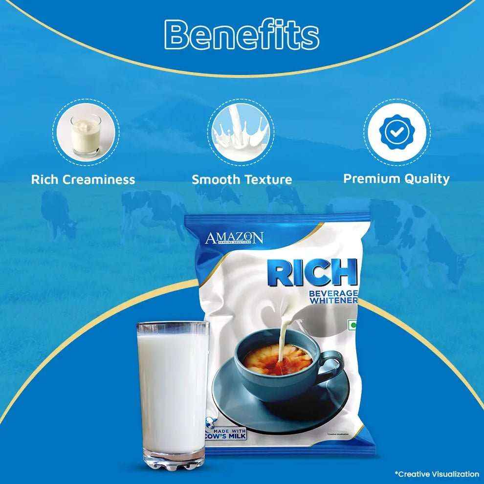 AMAZON RICH beverage whitener 500g pack with a cup of tea and a glass of milk showing rich creaminess and smooth texture