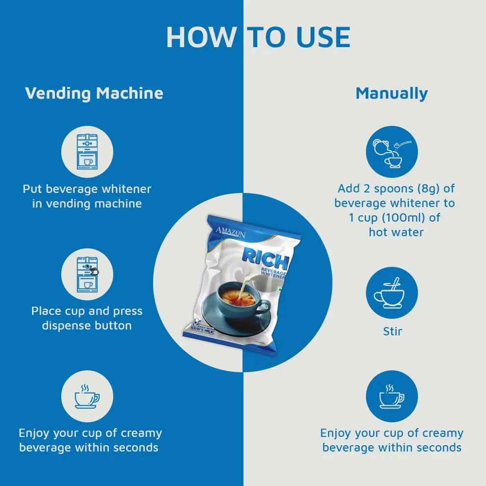 Instructions to use AMAZON RICH beverage whitener 500g in vending machines or manually for creamy drinks