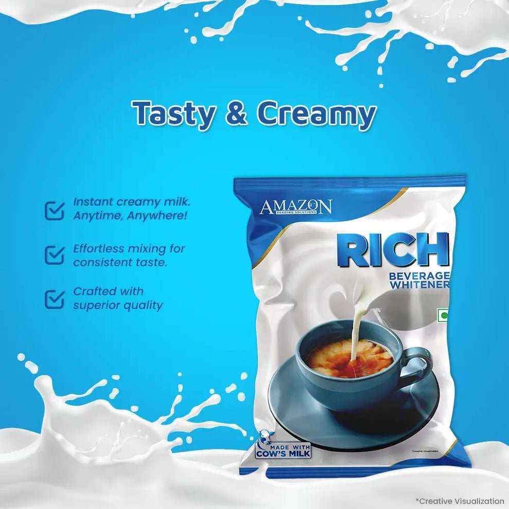 AMAZON RICH beverage whitener 500g packet with creamy milk pouring into a cup of tea on blue background