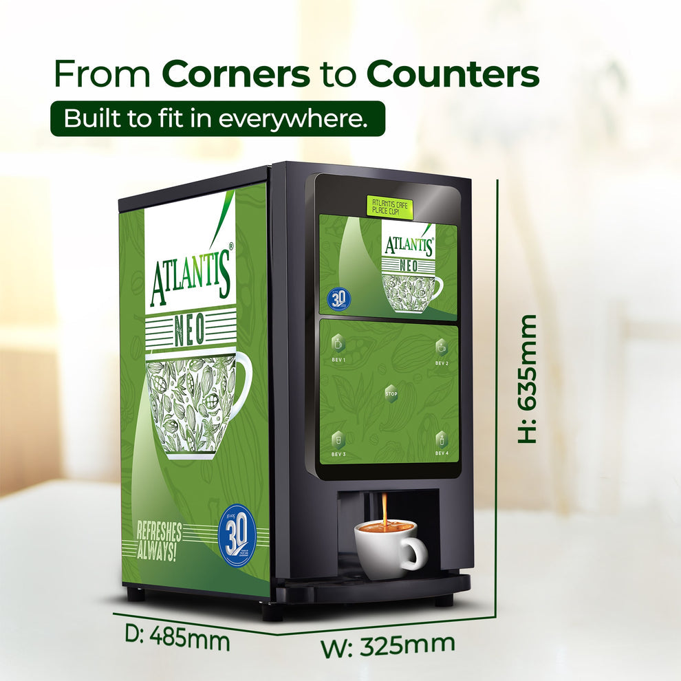 4-lane coffee vending machine for offices Atlantis Neo in black and green with cup dispenser and compact design