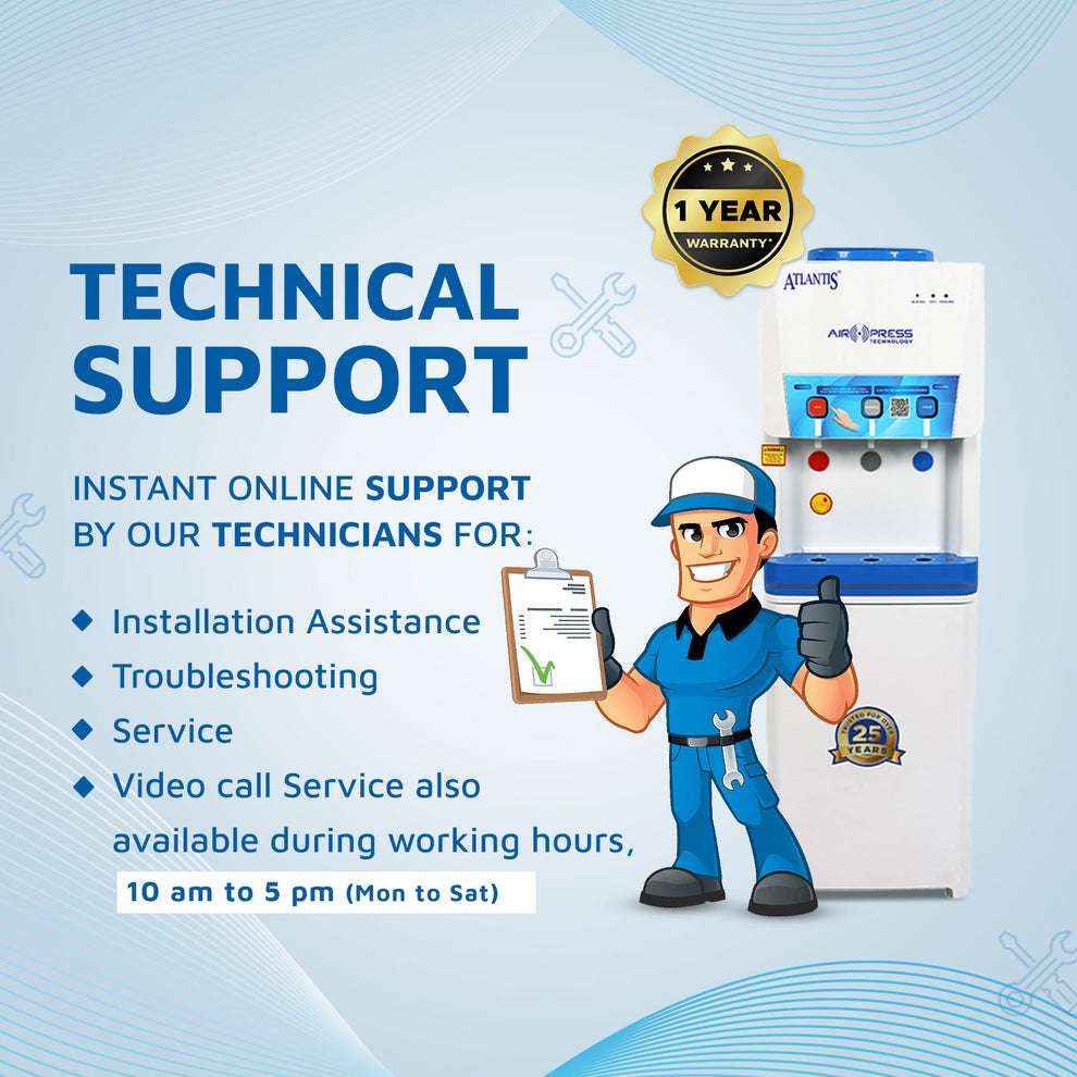 Atlantis Airpress 3 tap water dispenser with technical support and one year warranty shown with technician illustration