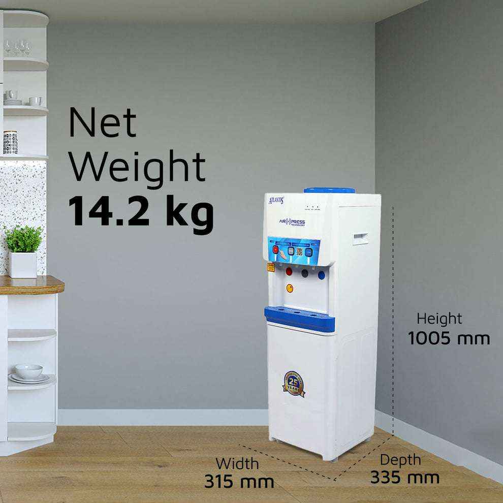 Atlantis Big Plus water dispenser white freestanding unit with blue accents showing dimensions and 14.2 kg net weight