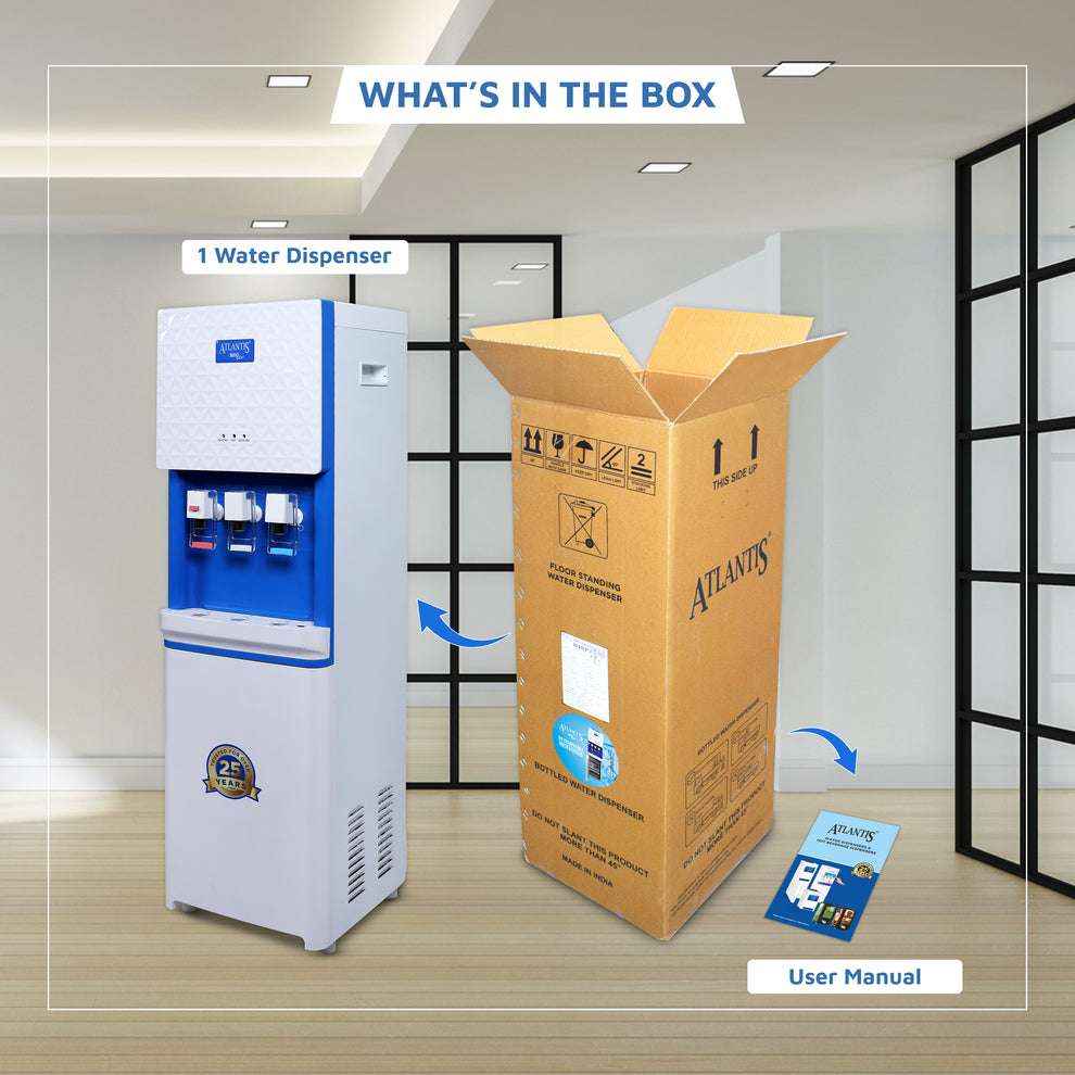 Atlantis Big Plus water dispenser for offices with carton box and user manual displayed in an office setting