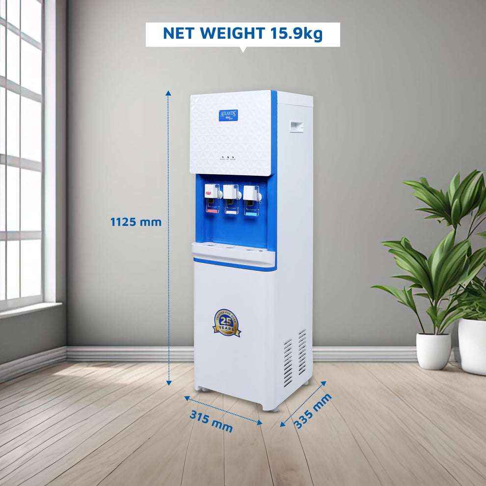 Atlantis Big Plus water dispenser for offices in white and blue with three taps and dimensions shown