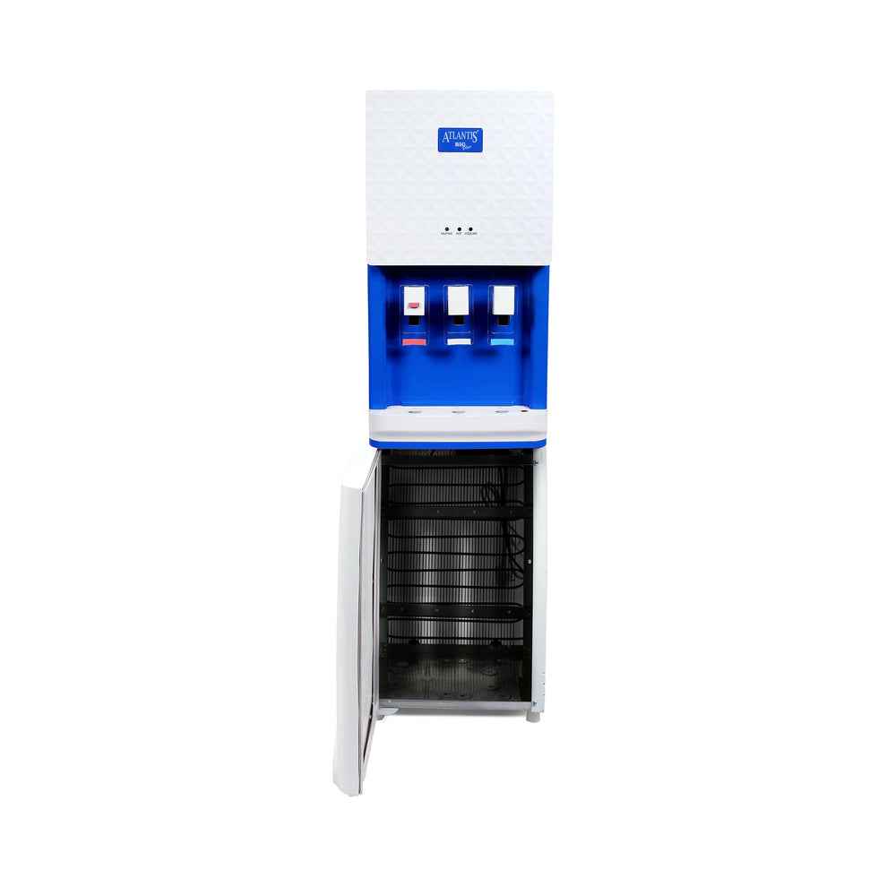 Atlantis Big Plus water dispenser for offices with white and blue design and open lower storage compartment