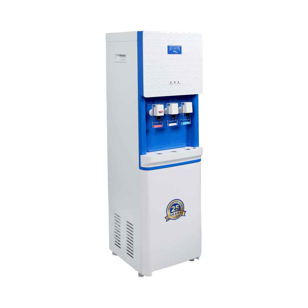 Atlantis Big Plus water dispenser for offices in white and blue with three taps for hot and cold water