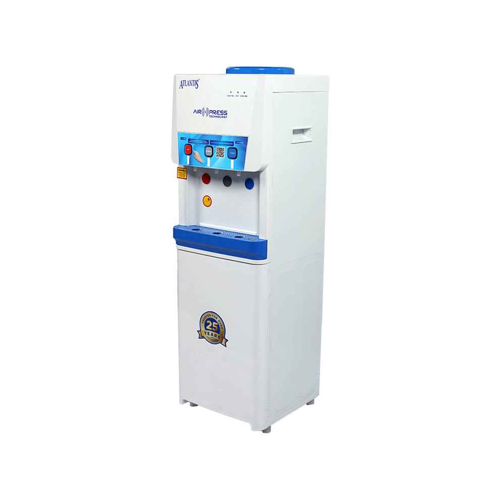 Atlantis Big Plus water dispenser with white and blue design and multiple dispensing buttons