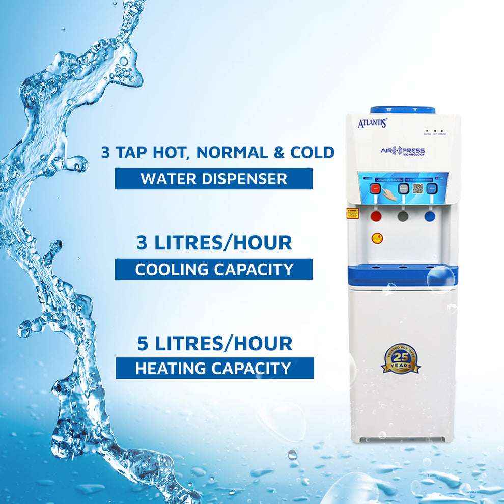 Atlantis Big Plus water dispenser with three taps for hot normal and cold water and 5 litres per hour heating capacity