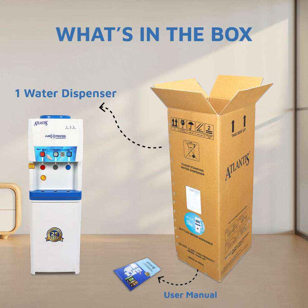Atlantis Big Plus water dispenser with packaging box and user manual displayed on table