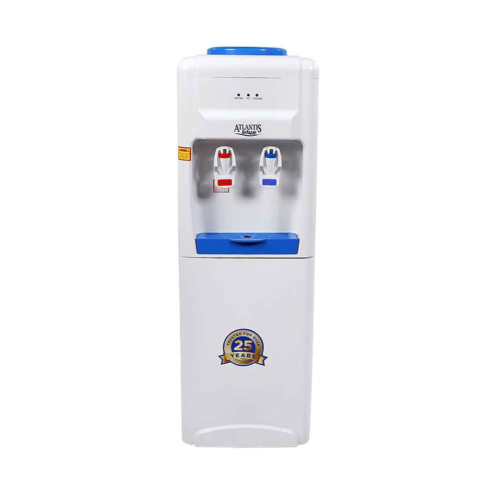 Atlantis Blue floor standing water dispenser in white with blue accents and dual taps for hot and cold water