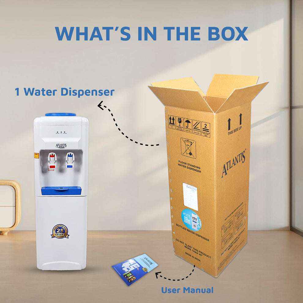 Atlantis Blue floor standing water dispenser next to its packaging box and user manual