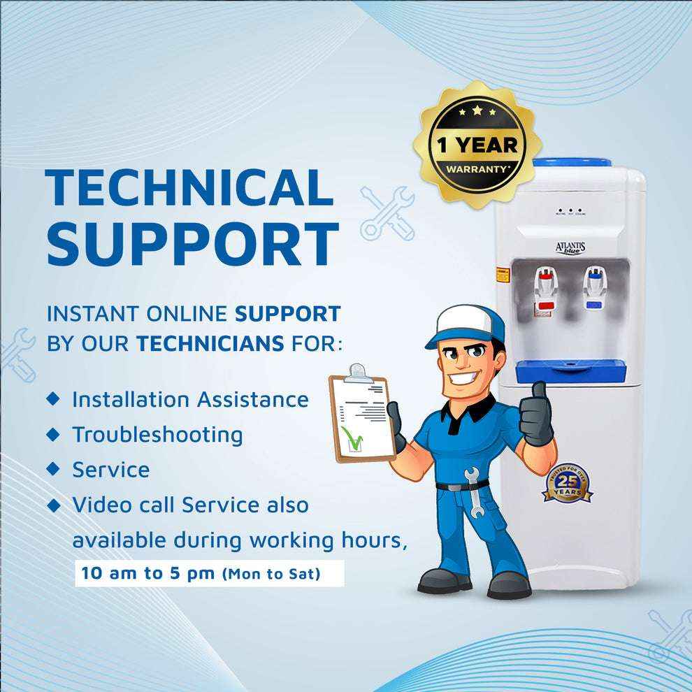 Atlantis Blue floor standing water dispenser with hot and cold taps and technical support badge