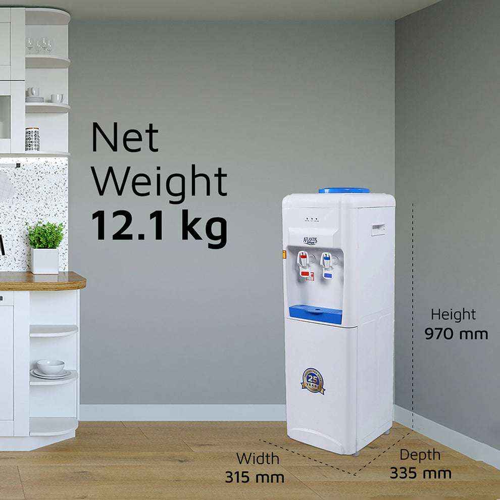 Atlantis Blue floor standing water dispenser with dual taps in white, shown in modern kitchen setting