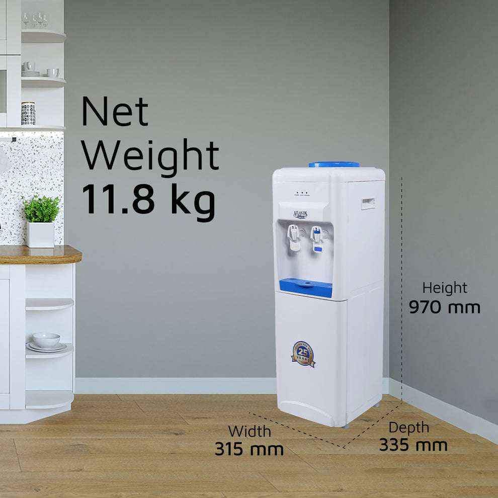 Atlantis Blue water cooler for office in white with blue accents showing dimensions and weight