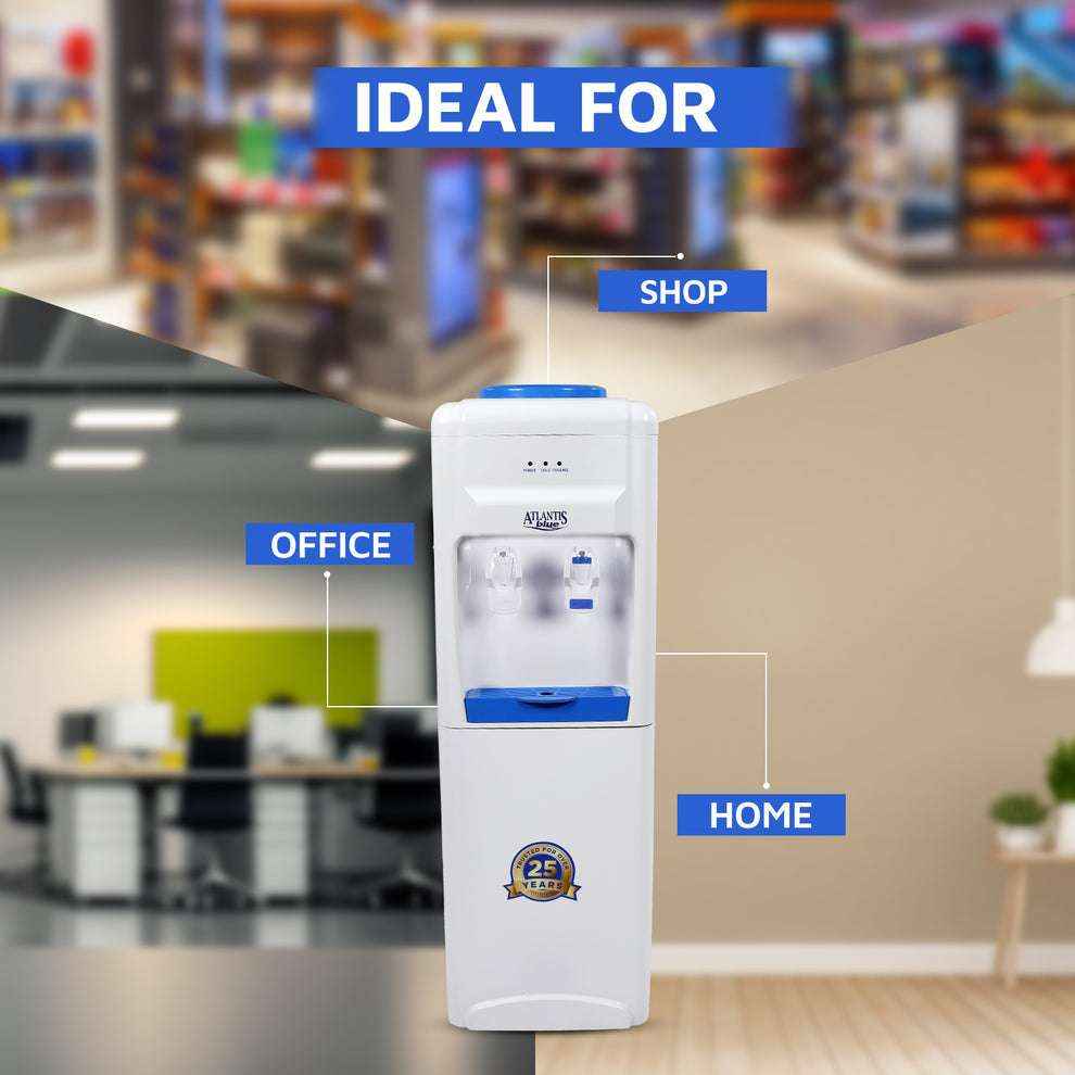 Atlantis Blue water cooler for office shown in white and blue ideal for office shop and home use