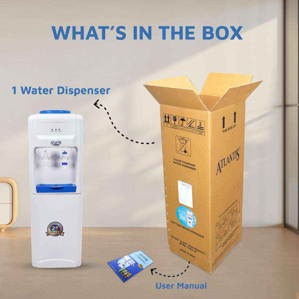 Atlantis Blue water cooler for office with water dispenser and user manual next to open packing box