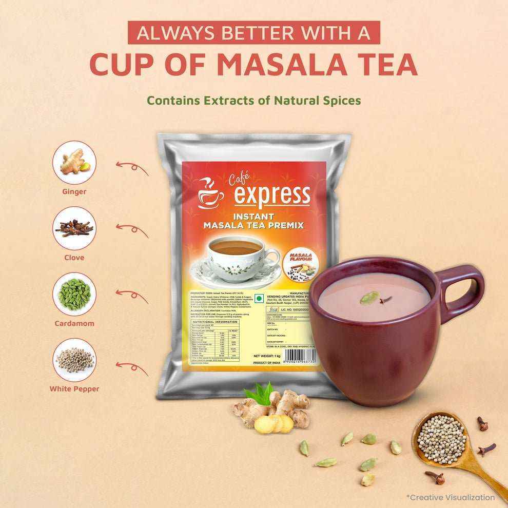 COFFEE WALLA ATLANTIS Cafe express masala tea 1kg pack with cup of prepared masala tea and natural spice ingredients
