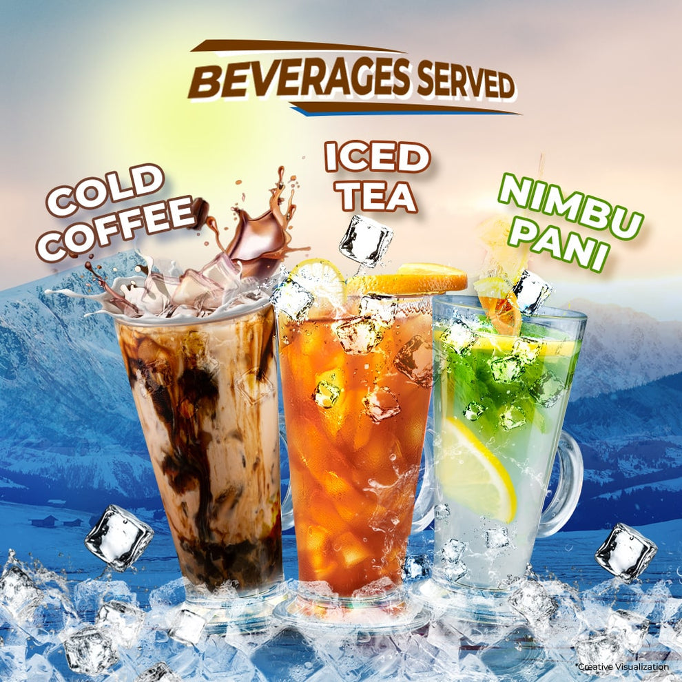 Atlantis chill coffee machine serving cold coffee iced tea and nimbu pani with ice cubes