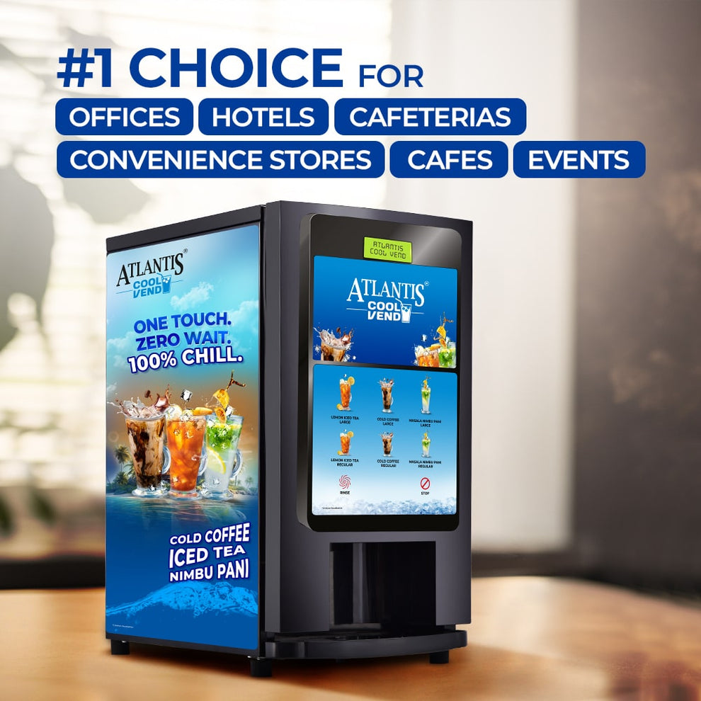 COFFEE WALLA Atlantis chill coffee machine black vending unit offering cold coffee and iced tea