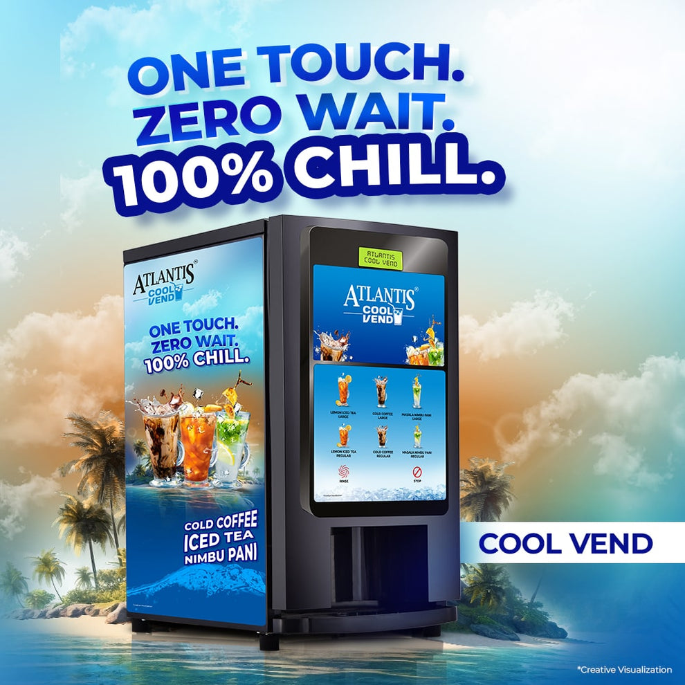 Atlantis chill coffee machine by COFFEE WALLA with touch screen dispensing cold coffee iced tea and nimbu pani