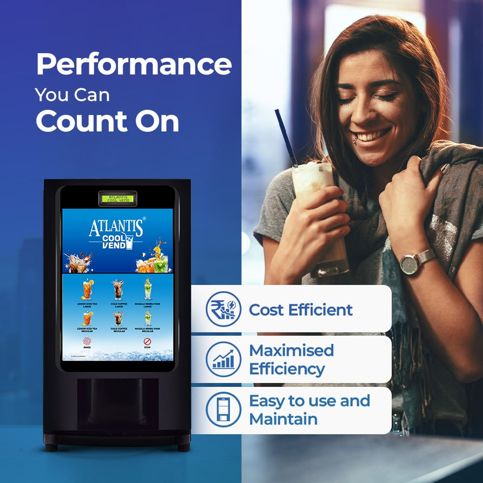 COFFEE WALLA Atlantis chill coffee machine with digital display next to smiling woman enjoying iced coffee