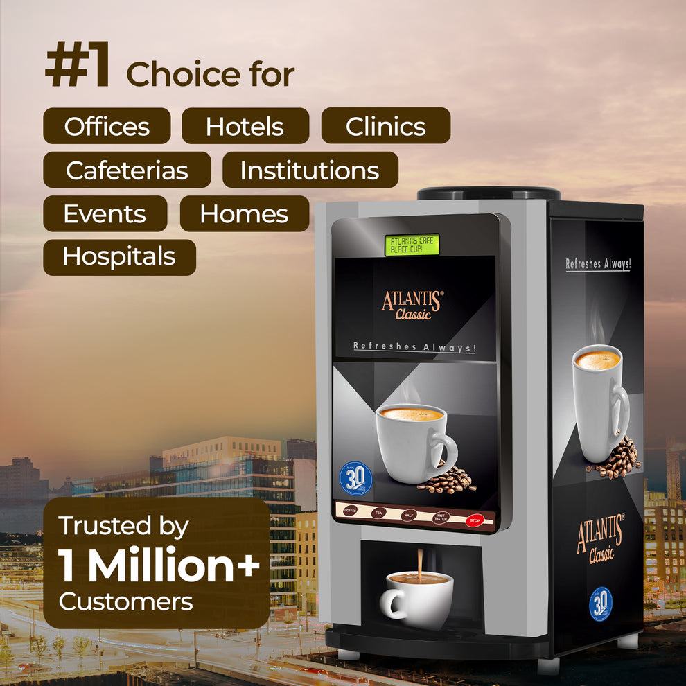 Atlantis Classic 2-lane tea and coffee vending machine by COFFEE WALLA with coffee cups and beans