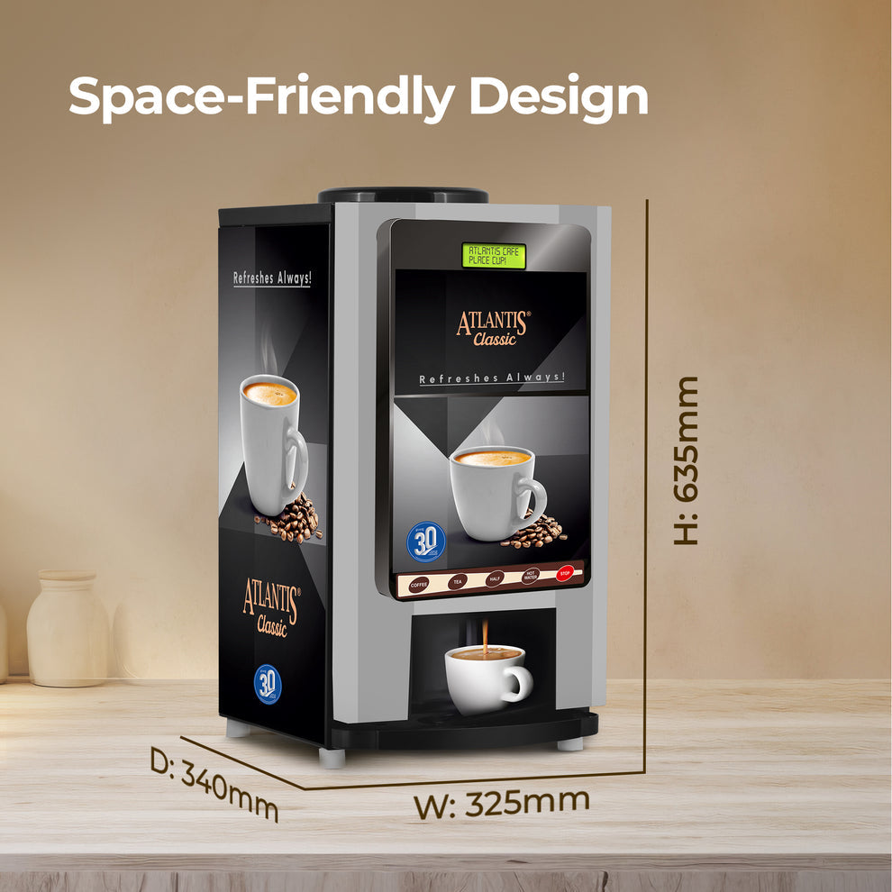 COFFEE WALLA Atlantis Classic 2-lane tea and coffee vending machine with space-friendly design and compact dimensions