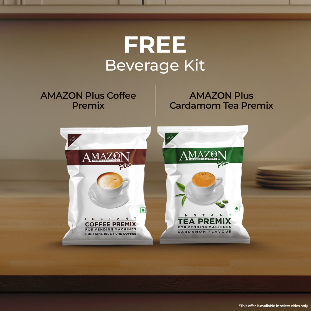 Amazon Plus Coffee Premix and Cardamom Tea Premix included in free beverage kit for Atlantis Classic 2-lane tea and coffee vending machine