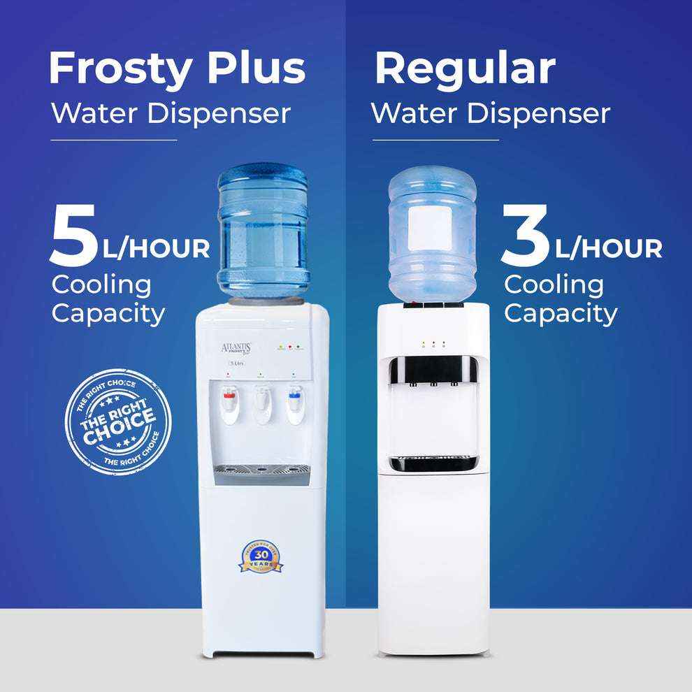 ATLANTIS FROSTY PLUS hot cold normal water dispenser with 5L per hour cooling capacity next to regular 3L per hour water dispenser