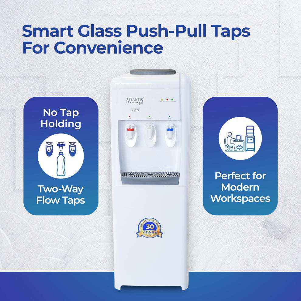 ATLANTIS FROSTY PLUS hot cold normal water dispenser with smart glass push-pull taps for modern workspaces
