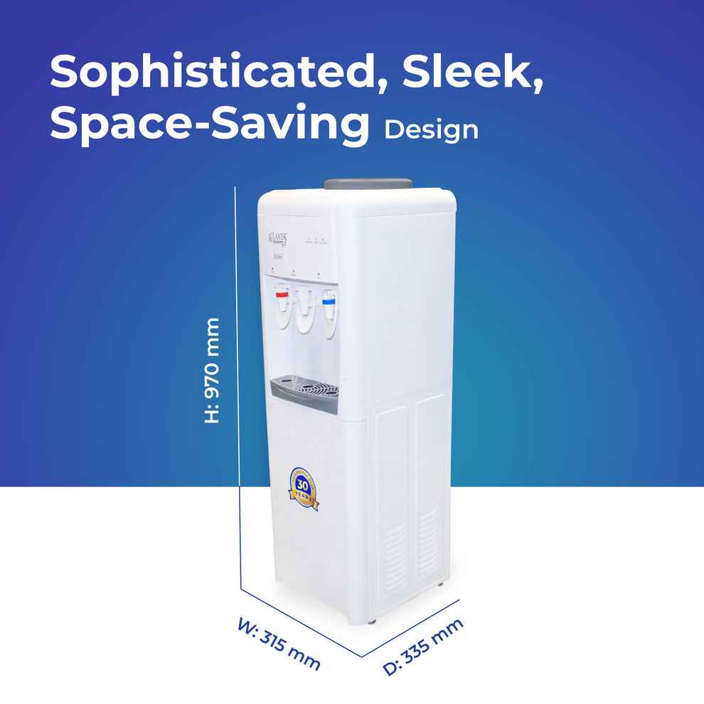 ATLANTIS FROSTY PLUS hot cold normal water dispenser with sleek space-saving white design