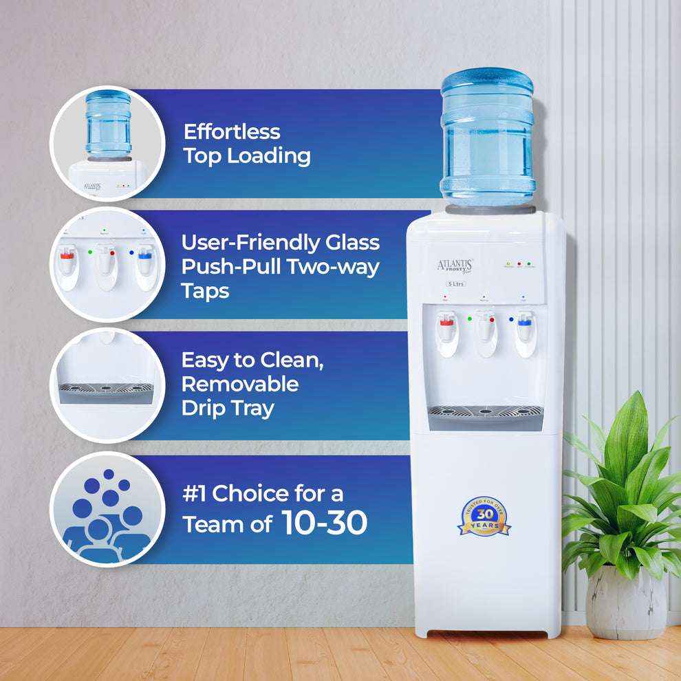 ATLANTIS FROSTY PLUS hot cold normal water dispenser with top loading and glass push pull taps