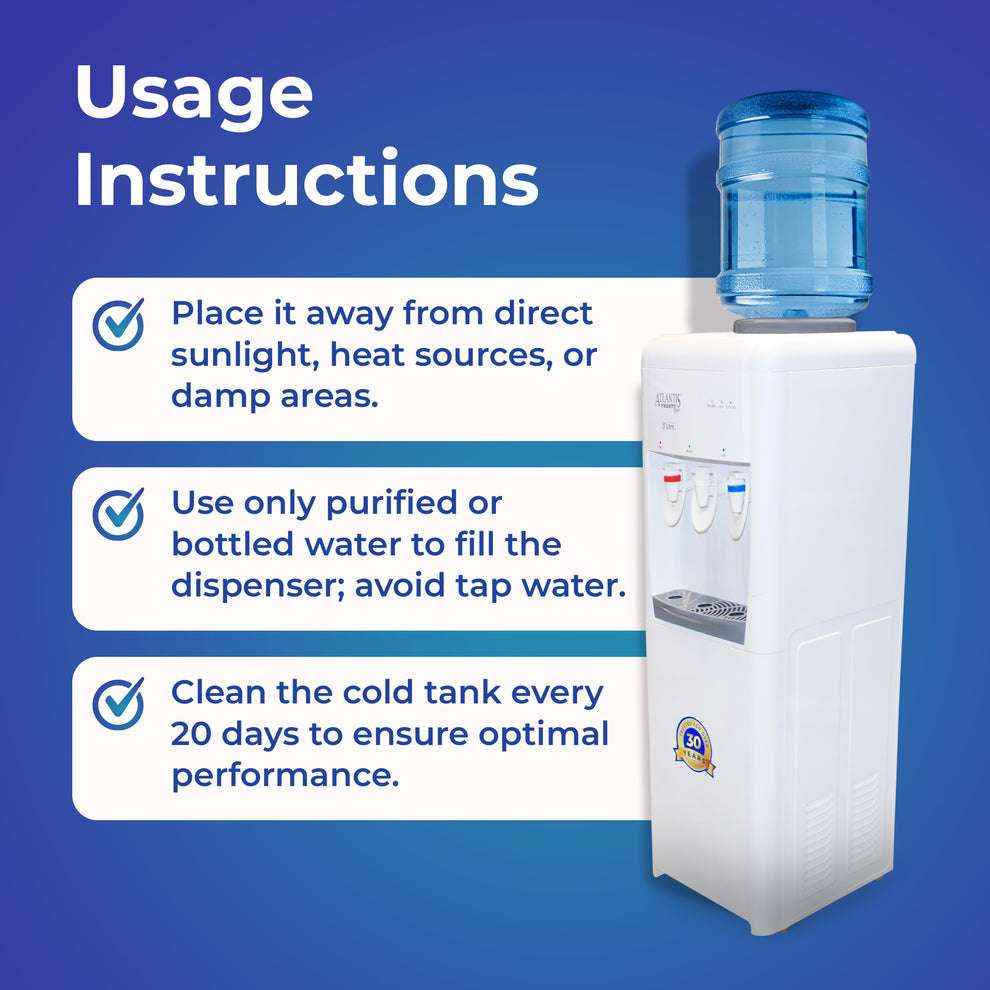 ATLANTIS FROSTY PLUS hot cold normal water dispenser with usage instructions on a blue background