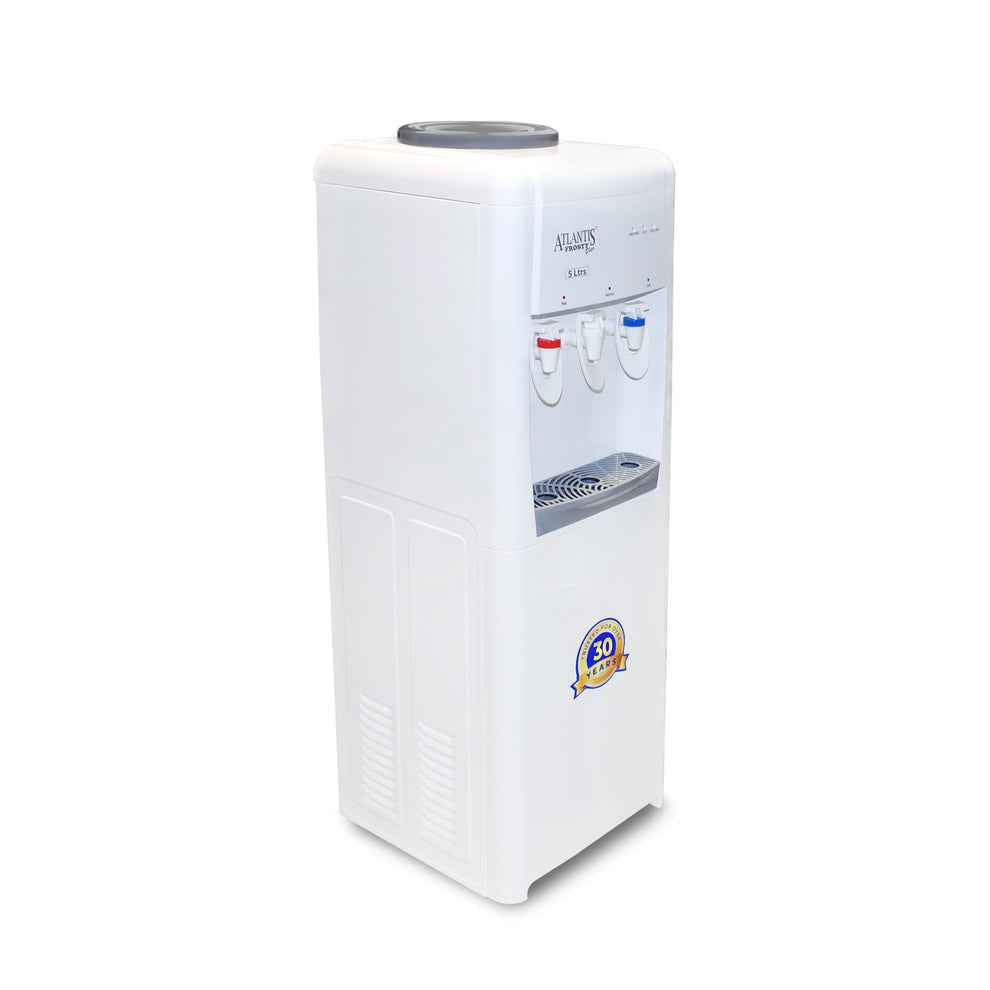 ATLANTIS FROSTY PLUS hot cold normal water dispenser in white with three taps and drip tray