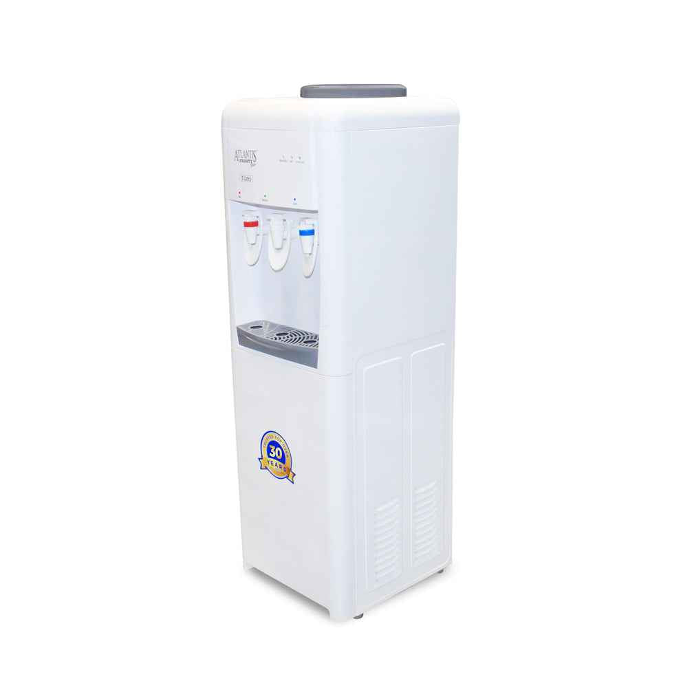 White ATLANTIS FROSTY PLUS hot cold normal water dispenser with three taps and compact design