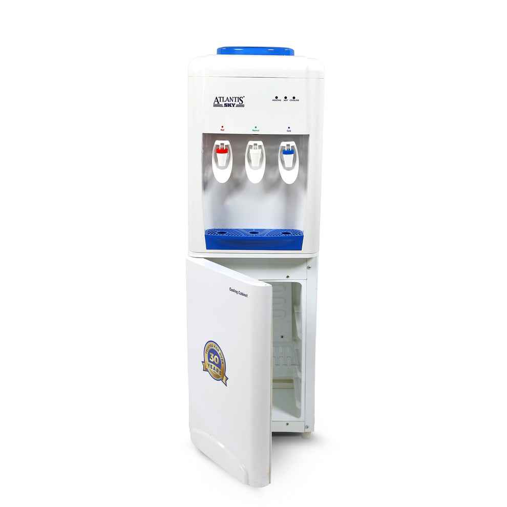 ATLANTIS FROSTY PLUS water cooler with three taps and bottom storage compartment open