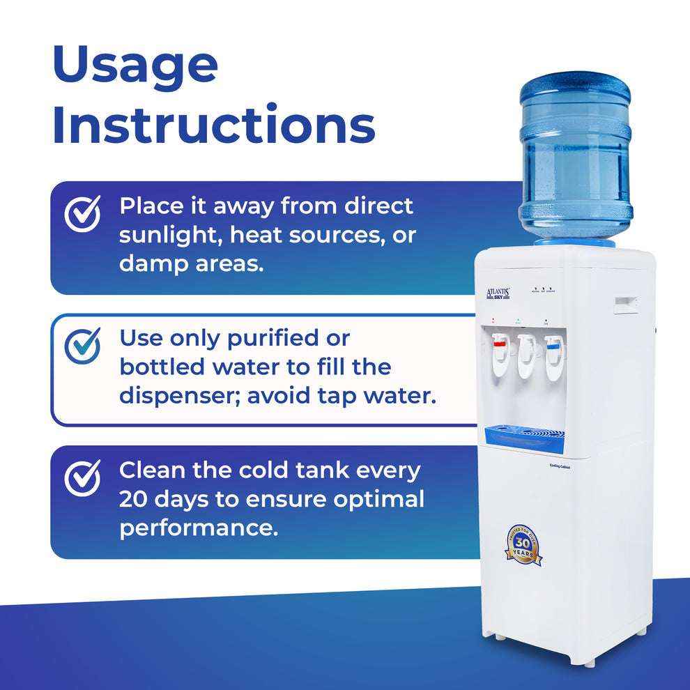 ATLANTIS FROSTY PLUS water cooler with usage instructions and blue water bottle on top