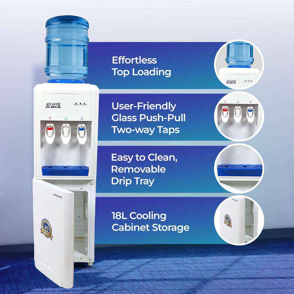 ATLANTIS FROSTY PLUS water cooler with top loading, glass push-pull taps, removable drip tray and 18L cooling cabinet