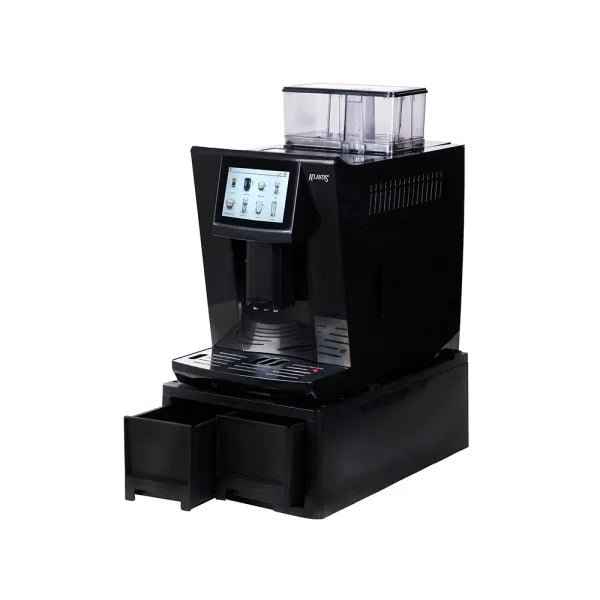 Black fully automatic coffee machine with fresh milk featuring touchscreen and dual drawers