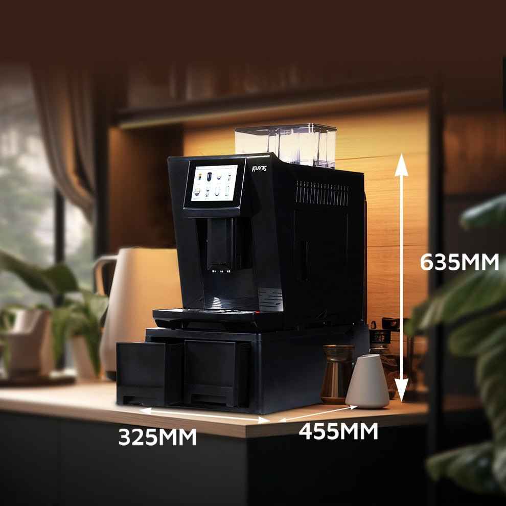Fully automatic coffee machine with fresh milk in black on kitchen counter with dimensions